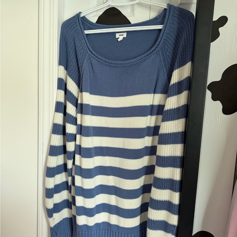 aerie Blue and Cream Striped Scoop Neck Sweater